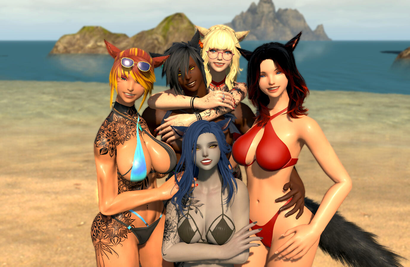 With Emotions (https://bsky.app/profile/emotionsxiv.bsky.social), Rinny (https://bsky.app/profile/rinnyshibu.bsky.social), Yori (https://bsky.app/profile/kailliv.bsky.social), and "Spider" (https://bsky.app/profile/xivspider.bsky.social)